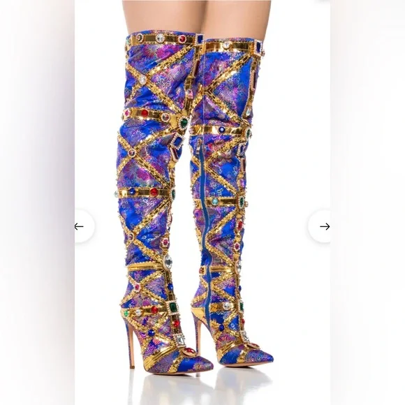 Azalea Wang brocade jeweled blue stiletto boot 7 - Picture 1 of 5